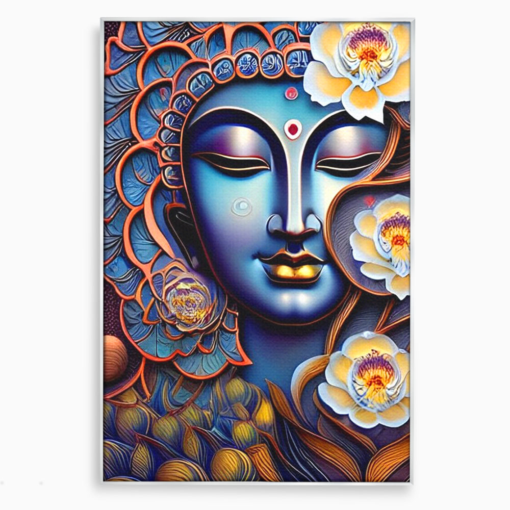 Tablou canvas cu tablou canvas cu portretul lui buddha, in rama de aluminiu argintiu